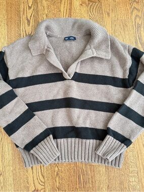Gap Taupe and Black Striped Collared Sweater